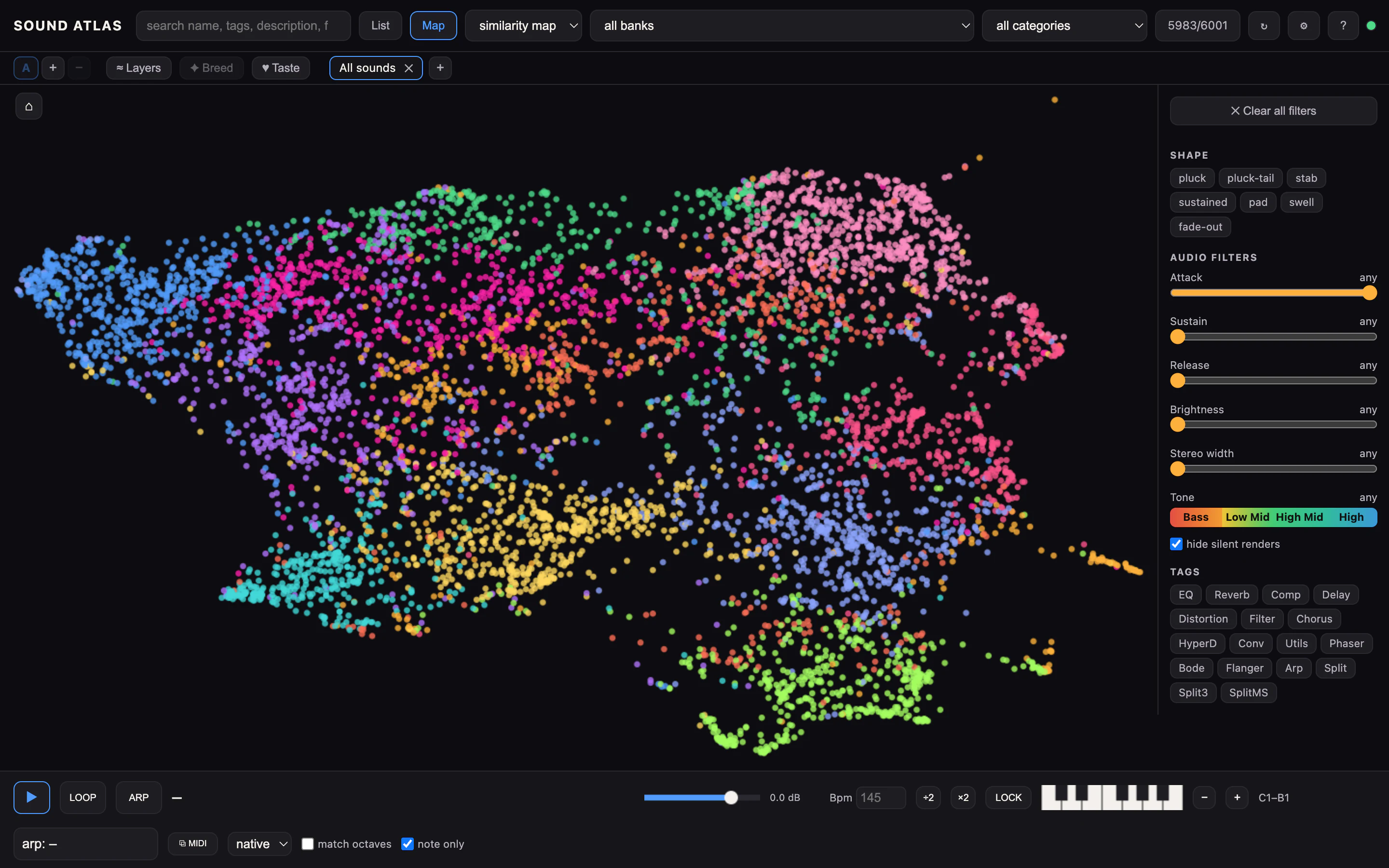 The SoundZapper sound map: thousands of presets from your library laid out as a coloured cloud where similar sounds sit close together.