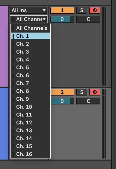 Ableton MIDI input channel menu with Ch. 1 and the red track arm button highlighted