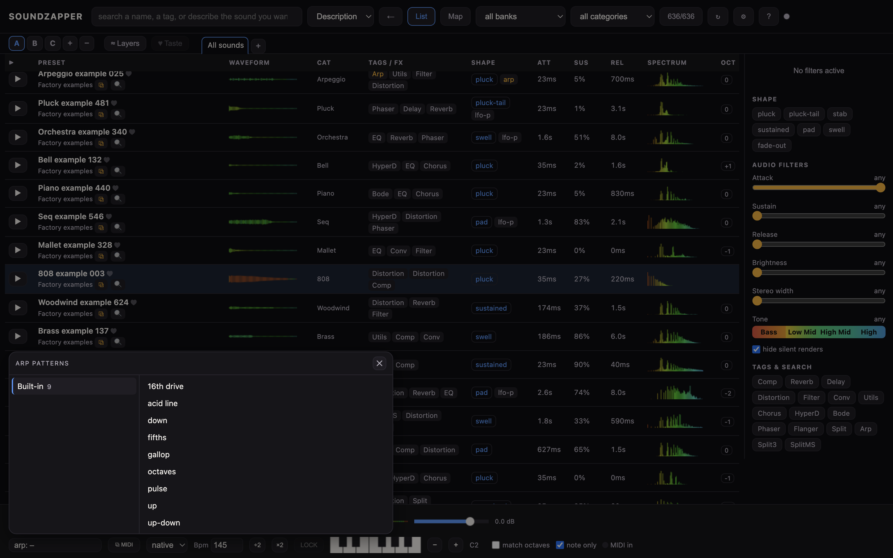 The arp browser has packs on the left and their patterns on the right.