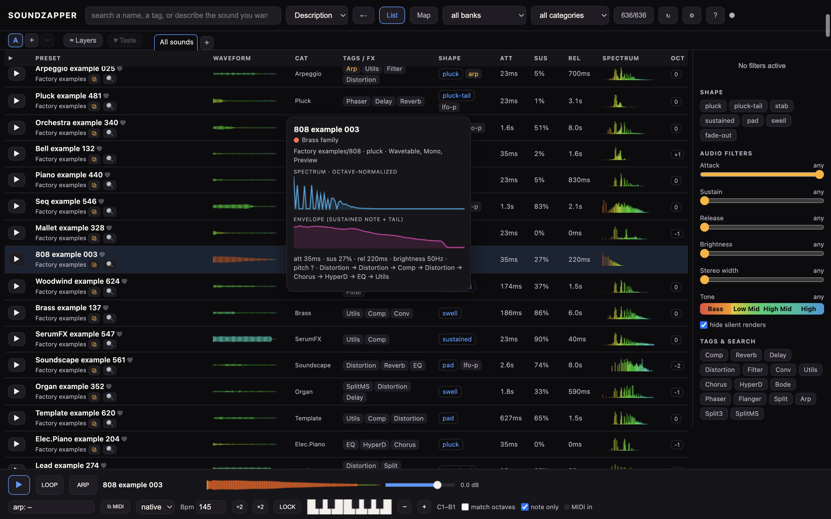 Hover details show the selected sound’s name and musical information. Spectrum and envelope charts appear when preview data is available.