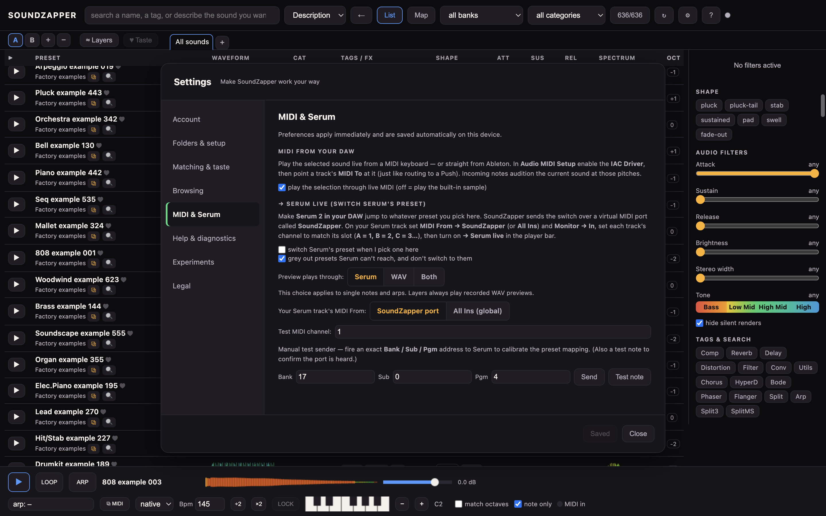 Open MIDI & Serum to choose how incoming notes and previews reach the selected sound.