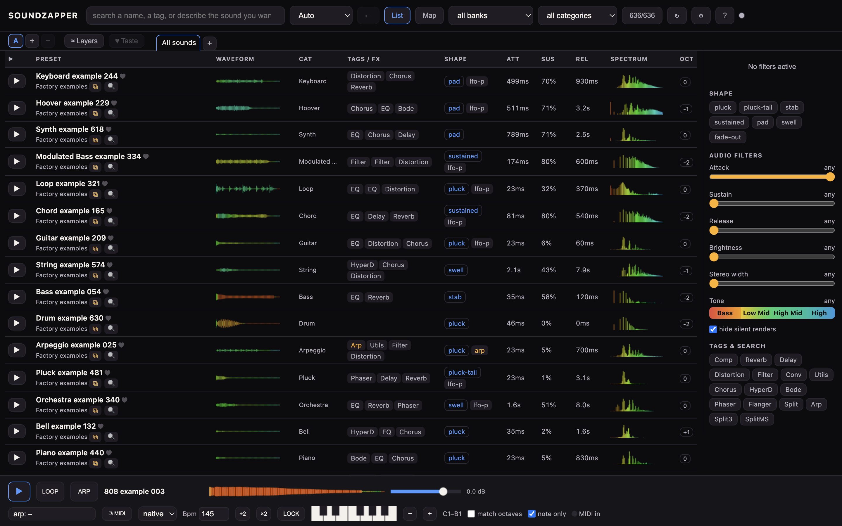 Browse analysed sounds in the list. Each row shows its waveform, tone and playing shape.
