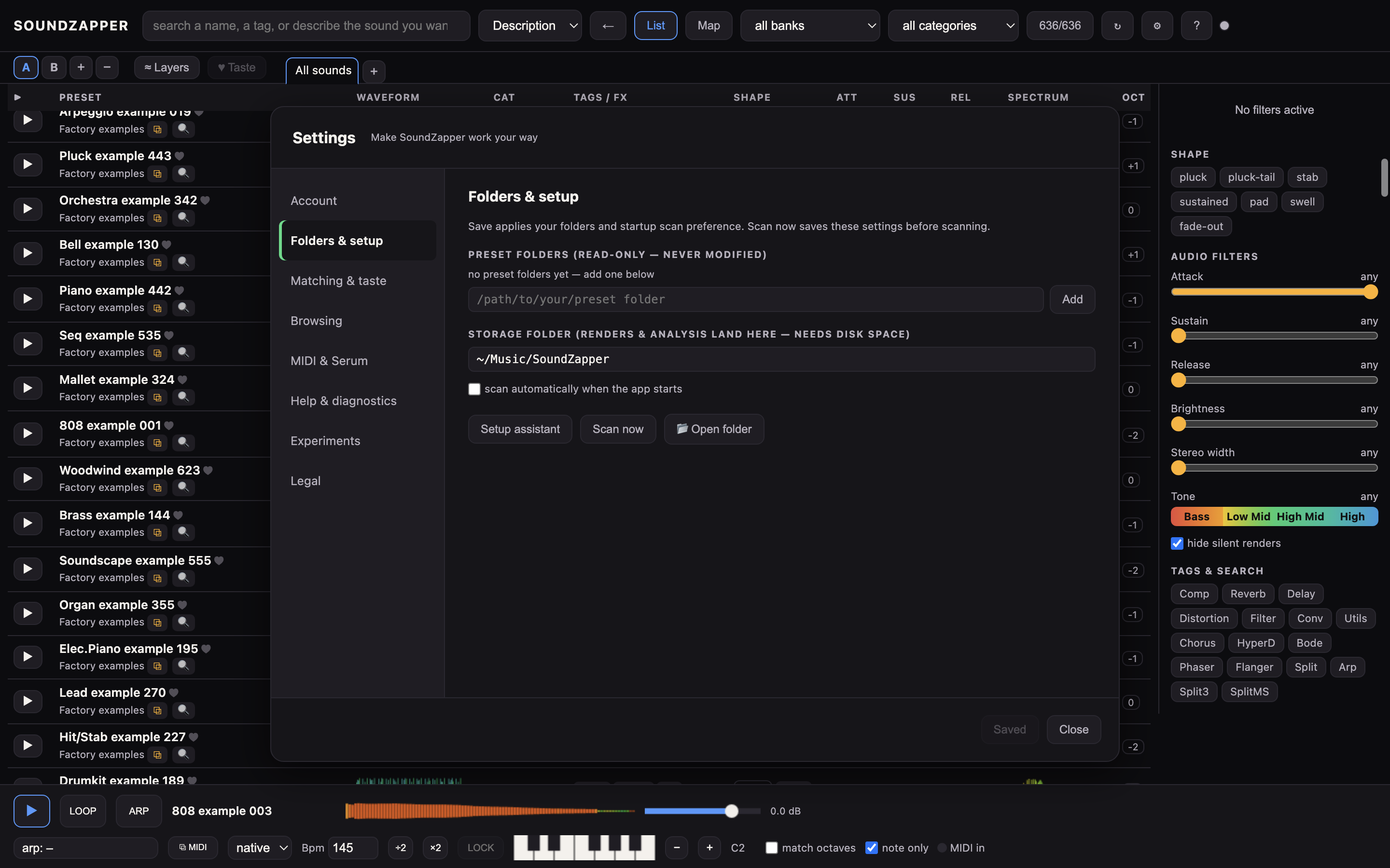 Open Setup in Settings to review your preset folders and the shared sound library.
