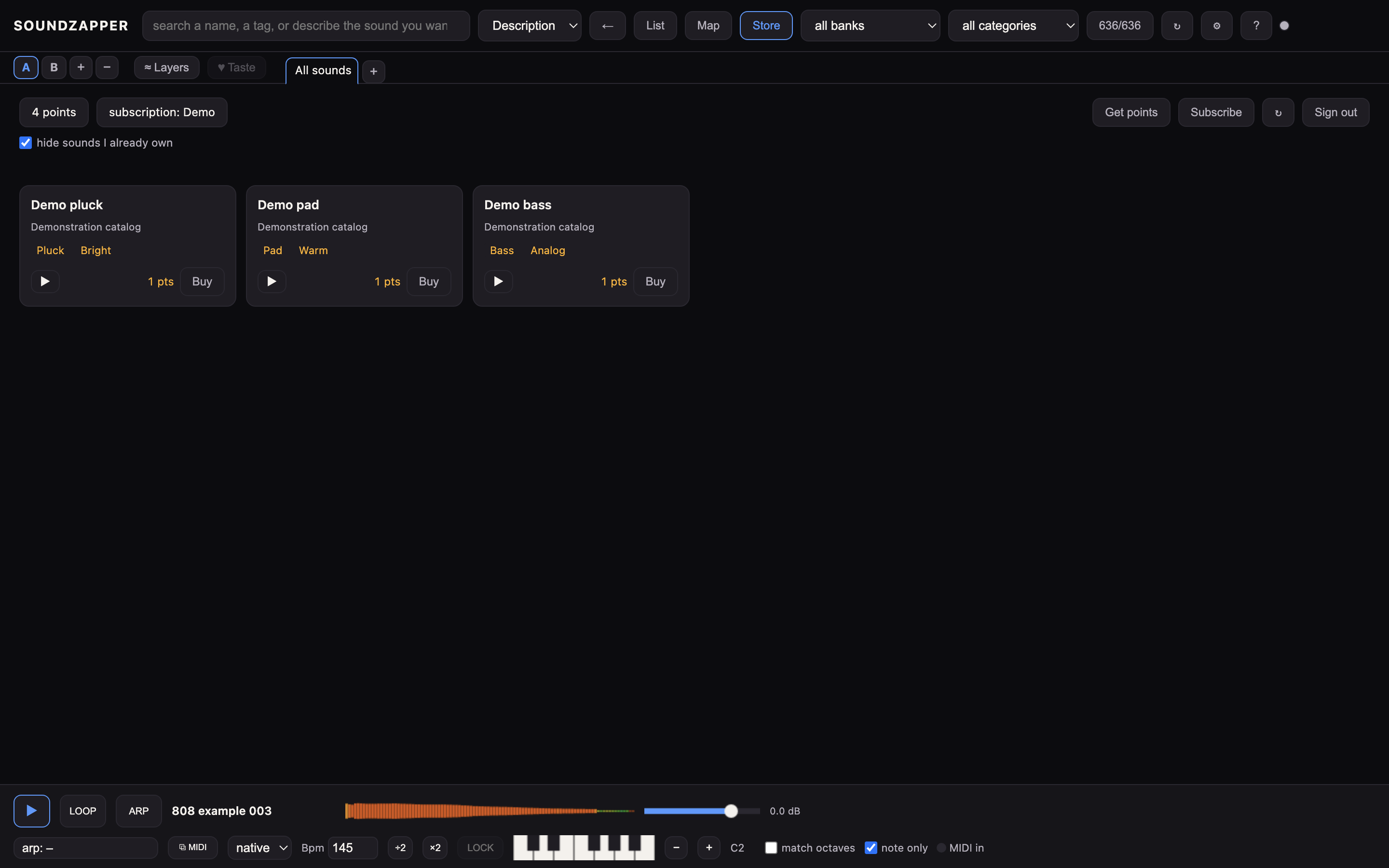 Preview a sound before buying. The card shows its points price; the balance stays above the catalog.